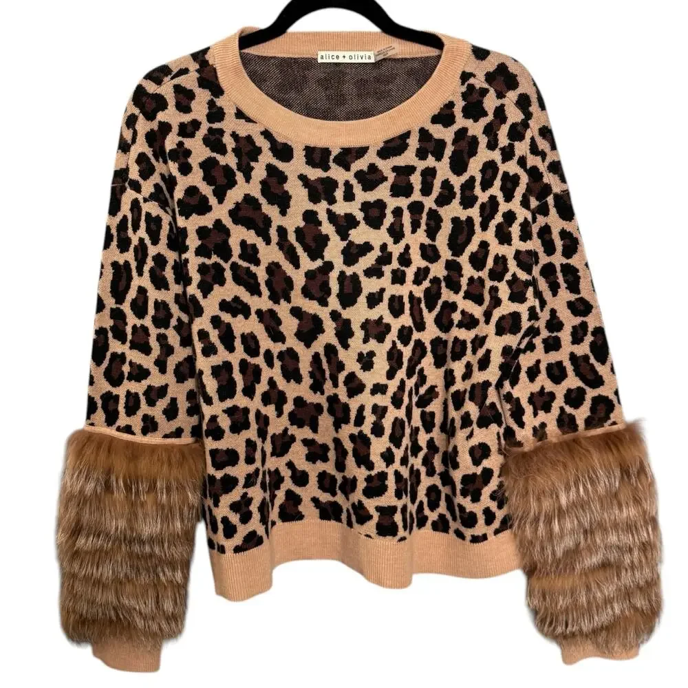 Alice + Olivia XS Sheila Fox Fur‎ Statement Sleeve Sweater Leopard Print Wool